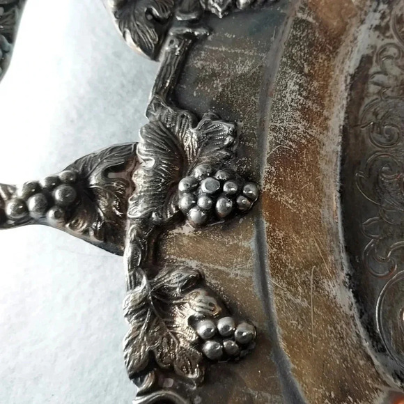 Silver Round Plate Tray With Handles and Grape Bunches Designs - Picture 4 of 5